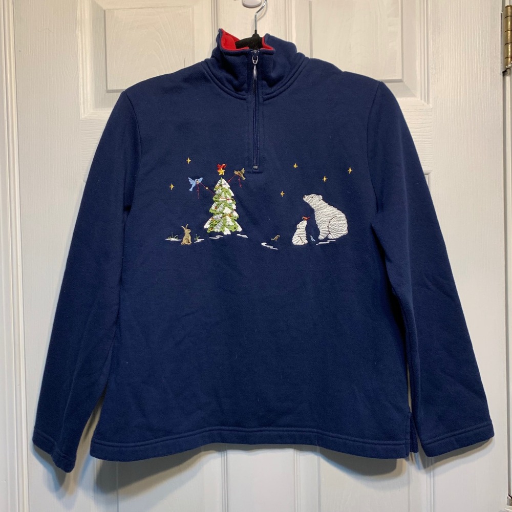 Breckenridge Petite PM Navy Christmas Polar Bear Fleece Quarter Zip Pullover